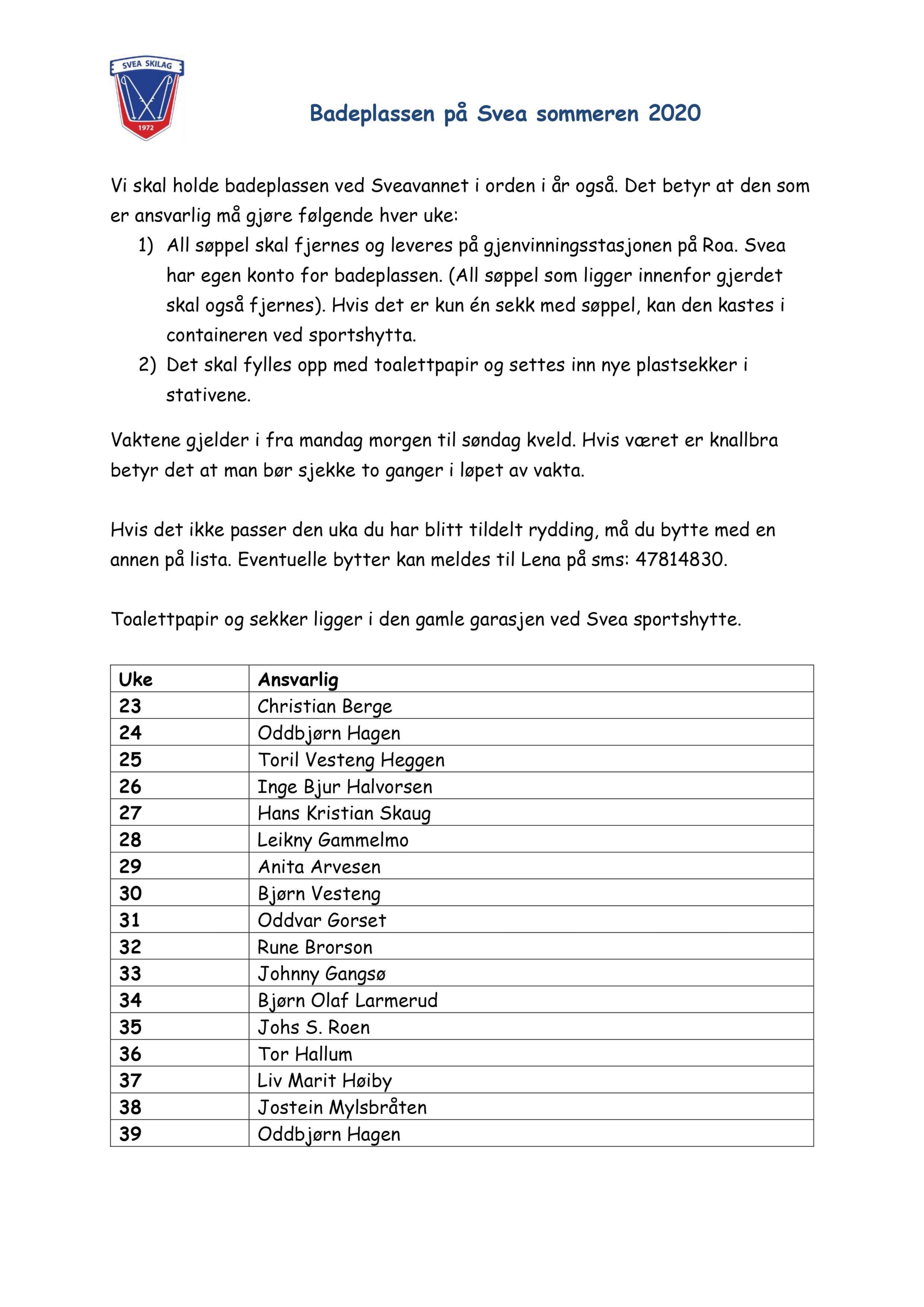 Vaktliste for badeplassen på Svea